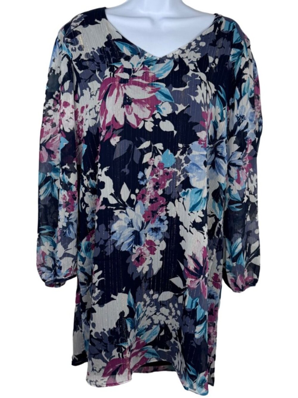 Three Eighty Two NEW Floral Multicolor Metallic Kate V Neck Mini Dress Sheer Lrg